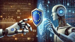 DALLE 2024-09-07 053225 - A high-resolution wide futuristic illustration showing a split screen_ on the left side a robotic hand reaching for data symbols representing EU use - innovaTopia