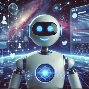 DALLE 2024-09-08 071739 - A futuristic illustration of a friendly robot with a witty smile symbolizing an advanced AI chatbot The robot is surrounded by holographic screens d - innovaTopia