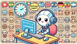 DALLE 2024-09-11 233216 - A cute cartoon robot sitting at a desk typing on a computer drawn in a Japanese anime style The robot has a speech bubble with various language sym - innovaTopia