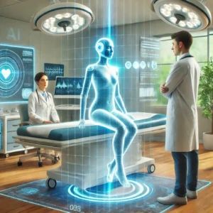 DALLE 2024-09-12 080000 - A futuristic medical consultation room where a holographic AI assistant is projected next to a human doctor The AI is represented by a glowing blue h - innovaTopia