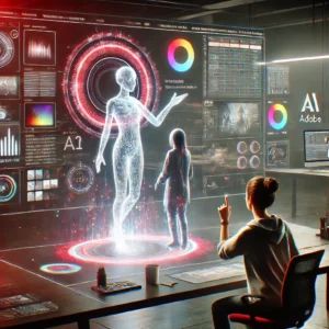 DALLE 2024-09-13 071455 - A futuristic digital art studio where a human creator is collaborating with an AI assistant on a video project The human is gesturing toward a hologr - innovaTopia