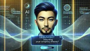DALLE 2024-09-14 072337 - A wide illustration showing a male AI chatbot with an East Asian face featuring slightly narrower eyes and a beard named DebunkBot The screen shows - innovaTopia