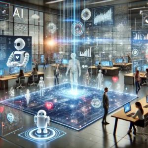 DALLE 2024-09-17 072848 - A futuristic digital workspace where AI and humans collaborate seamlessly The scene includes holographic digital canvases with real-time data sharing - innovaTopia