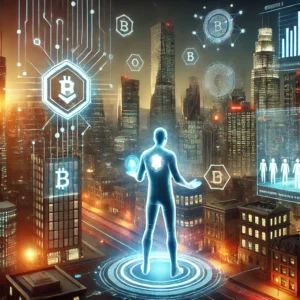 DALLE 2024-09-17 083822 - A futuristic cityscape with a player character holding digital assets symbolizing the fusion of Web3 technology and real-time strategy games The cit - innovaTopia