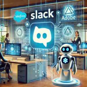DALLE 2024-09-17 170901 - An illustration depicting Slacks logo collaborating with AI agents in a digital office environment The background features the logos of Salesforce a - innovaTopia
