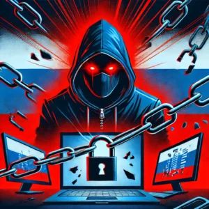 DALLE 2024-09-21 090519 - A YouTube thumbnail illustration showing a menacing hacker figure in a dark hoodie with glowing red eyes looming over a stylized Russian flag In the - innovaTopia