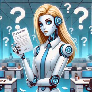 DALLE 2024-09-26 083711 - A stylized illustration of a blonde-haired female robot with a puzzled expression holding a resignation letter in her hand The background features a - innovaTopia