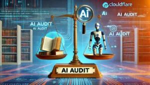 DALLE 2024-09-26 200153 - A futuristic illustration showing a balance between AI and analog content with Cloudflares AI Audit In the foreground a scale with a physical book - innovaTopia