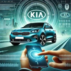 DALLE 2024-09-28 081553 - A futuristic illustration showing a hacker remotely controlling a Kia car using a smartphone The cars license plate is prominently visible with dig - innovaTopia