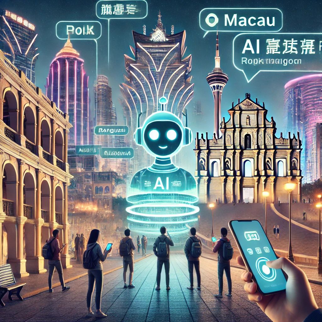 DALLE 2024-09-29 080853 - A futuristic illustration of Macaus skyline with iconic landmarks like the Grand Lisboa and Ruins of St Pauls In the foreground a holographic AI - innovaTopia