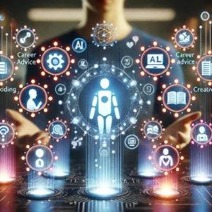 DALLE 2024-09-30 085539 - A futuristic illustration showing a person interacting with multiple specialized AI assistants represented by glowing gem-like icons Each gem has a - innovaTopia