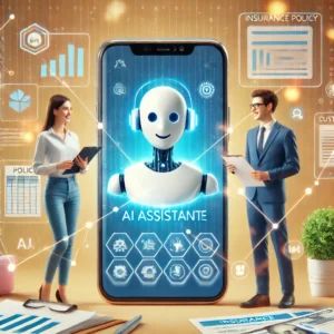 DALLE 2024-10-04 071257 - A smartphone screen displaying an AI assistant interface surrounded by floating insurance policy documents customer data graphs and two insurance s - innovaTopia