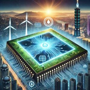 DALLE 2024-10-07 064341 - A futuristic illustration showing a large semiconductor chip in the foreground glowing with energy but with parts of it dimming to symbolize a power - innovaTopia