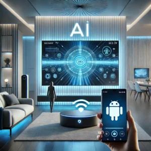 DALLE 2024-10-07 181421 - A futuristic living room featuring a high-tech minimalist design with soft blue lighting A large Samsung smart TV is the centerpiece displaying AI- - innovaTopia