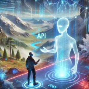 DALLE 2024-10-08 125644 - A futuristic gaming scene depicting an AI-powered non-playable character NPC interacting with a human player The NPC has a glowing translucent app - innovaTopia