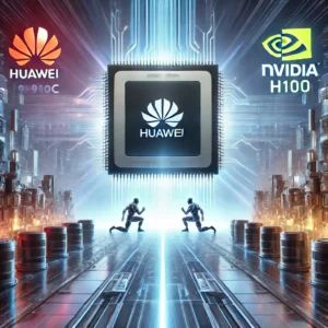 DALLE 2024-10-10 072537 - A futuristic illustration showing two giant computer chips one representing Huaweis Ascend 910C and the other NVIDIAs H100 facing off in a high-te - innovaTopia