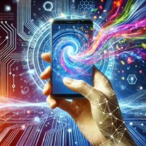 DALLE 2024-10-10 074647 - A futuristic illustration showing a hand holding a smartphone with a static image on the screen gradually transforming into a dynamic video The tran - innovaTopia