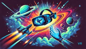 DALLE 2024-10-10 161437 - A futuristic VR headset floating in space displaying holographic images of a spaceship an alien planet and an energy sword The background features - innovaTopia