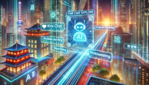 DALLE 2024-10-14 074554 - A futuristic illustration featuring a sleek holographic AI chatbot interface labeled Kimi Chat Explore floating above a vibrant cityscape that blen - innovaTopia