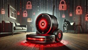 DALLE 2024-10-15 073755 - An illustration of a futuristic robot vacuum cleaner with a glowing red eye symbolizing it being hacked The vacuum is placed in a modern living room - innovaTopia