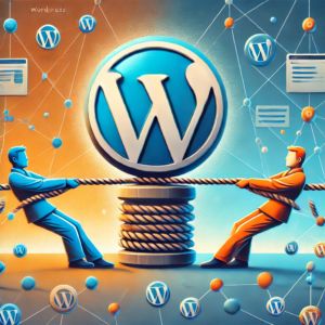 DALLE 2024-10-16 073736 - A digital illustration depicting a tug-of-war between the WordPress and WP Engine logos over a giant plugin icon in the center WordPress pulls from o - innovaTopia