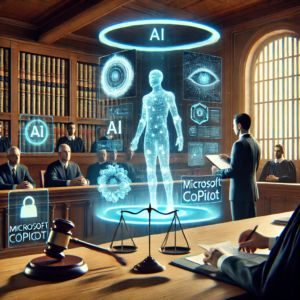 DALLE 2024-10-17 085941 - A digital illustration showing a courtroom where a judge is observing a holographic display of Microsoft Copilots interface On one side of the room - innovaTopia