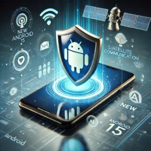 DALLE 2024-10-18 073229 - A futuristic smartphone floating in the air surrounded by holographic icons representing new Android 15 features The phone emits a glowing protectiv - innovaTopia