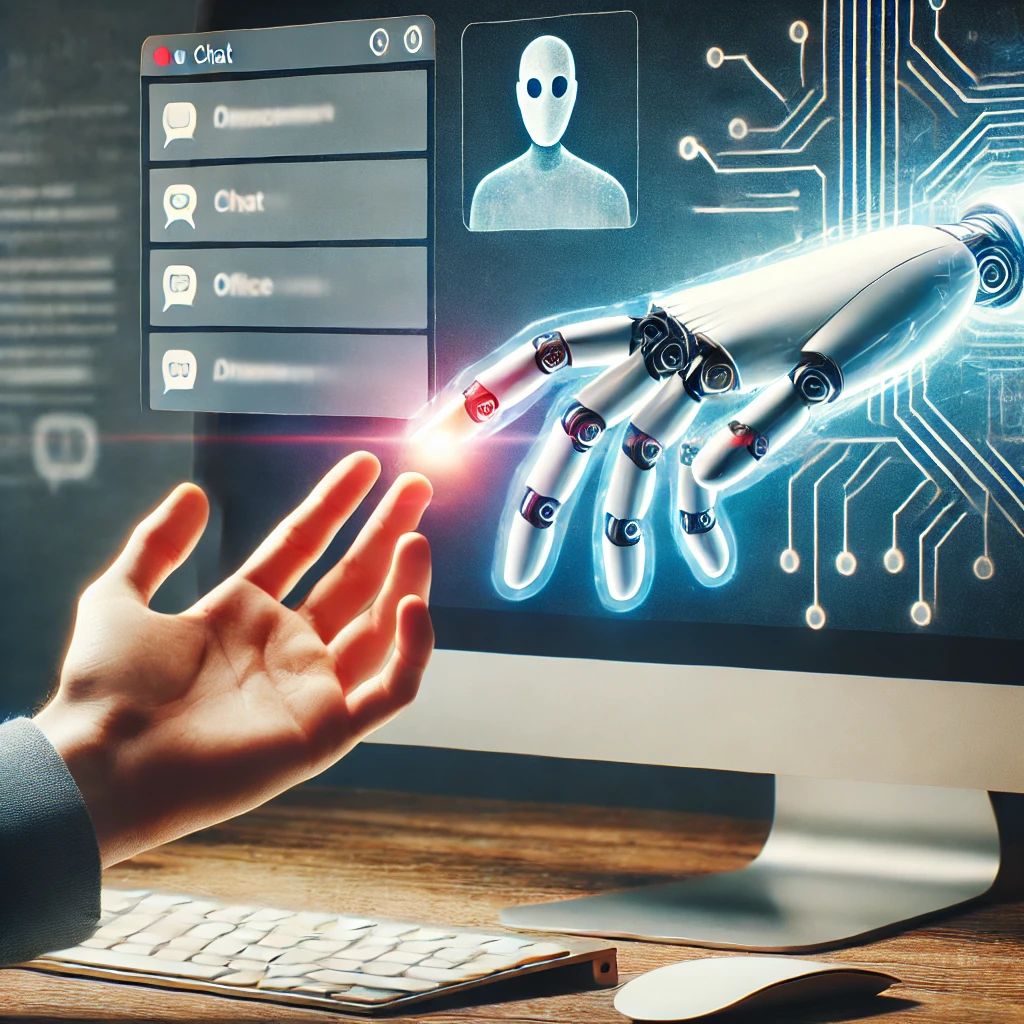 DALLE 2024-10-18 074404 - A modern desktop computer screen displaying the ChatGPT app interface with multiple chat windows open A ghostly translucent robotic hand emerges fr - innovaTopia