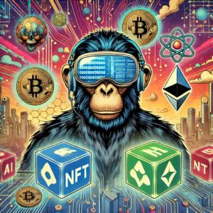 DALLE 2024-10-19 075629 - A comic book-style futuristic digital landscape featuring a stylized ape wearing VR goggles surrounded by floating NFT artworks and blockchain cubes - innovaTopia