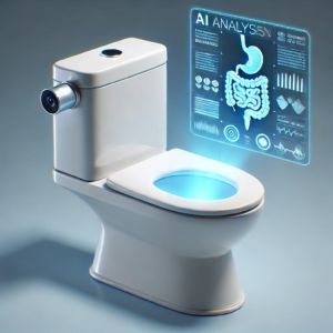 DALLE 2024-10-21 070957 - A futuristic toilet bowl with a small discreet camera attached to its side The camera is emitting a soft blue light symbolizing AI analysis Above - innovaTopia