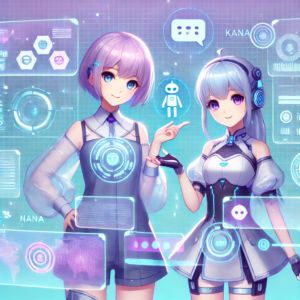 DALLE 2024-10-23 065917 - A bright anime-style illustration featuring two futuristic AI assistant characters Nana and Kana interacting with transparent holographic screens N - innovaTopia