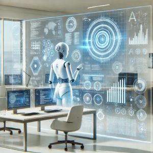 DALLE 2024-10-23 071409 - A futuristic office scene with an AI assistant manipulating transparent holographic displays The screens show floating code web pages and data inte - innovaTopia