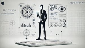 DALLE 2024-10-23 114706 - A minimalist illustration of a male figure representing a business executive presenting a futuristic device named Apple Vision Pro The setting in - innovaTopia