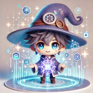 DALLE 2024-10-31 133114 - A cute 3D anime-inspired illustration of a charming youthful wizard wearing a large playful hat The wizard has big expressive anime-style eyes wi - innovaTopia