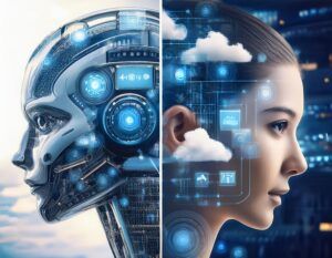 Firefly -A split-screen image- on the left a robots face looking at everyday objects like clouds - innovaTopia
