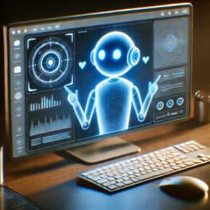 DALLE 2024-11-01 083214 - A futuristic desktop screen featuring a translucent AI assistant character emitting a soft blue light interacting with mouse cursors and windows on t - innovaTopia