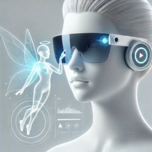 DALLE 2024-11-04 075126 - A futuristic high-quality 3D-rendered illustration of a person wearing sleek AR glasses with a small ethereal fairy-like AI assistant hovering nea - innovaTopia