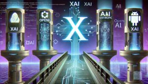 DALLE 2024-11-05 073454 - A futuristic illustration showing a bridge connecting three distinct AI platforms represented by sleek technological towers The central tower has x - innovaTopia