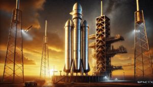 DALLE 2024-11-09 081427 - A dramatic digital illustration of SpaceXs Starship rocket standing against a stunning sunset sky The rocket is massive silver and detailed showi - innovaTopia