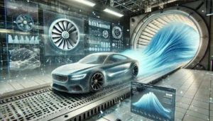 DALLE 2024-11-19 161429 - A futuristic 3D visualization featuring a split-screen composition in landscape format On the left a physical car in a wind tunnel showcasing aerod - innovaTopia