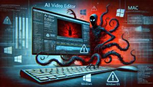 DALLE 2024-11-20 080838 - A dramatic cybersecurity illustration featuring a professional-looking AI video editor software interface transforming into a dark malicious form Di - innovaTopia