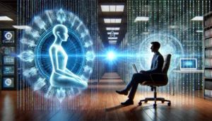 DALLE 2024-11-21 102703 - A futuristic image in landscape orientation split in two parts_ On the left a person sits in an interview chair talking to an AI represented by a g - innovaTopia