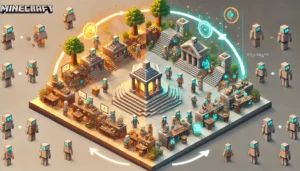 DALLE 2024-11-28 112657 - A digital illustration of an AI-driven Minecraft world depicting various AI characters engaged in different roles such as building structures barter - innovaTopia