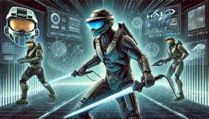 DALLE 2024-11-29 113721 - A futuristic VR gaming scene depicting a player wearing a sleek modern VR headset and wielding dual energy swords The environment is inspired by Hal - innovaTopia