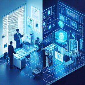 Firefly -A split-screen digital illustration- on one side a modern office with AI agents represente - innovaTopia