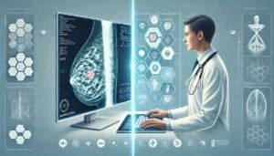 DALLE 2024-12-02 162214 - A split-screen medical illustration comparing a modern doctor and an AI system analyzing a mammogram On the left a human doctor in a white coat exam - innovaTopia
