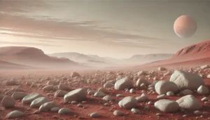 DALLE 2025-03-12 125206 - A landscape of Mars featuring white stones scattered across the red Martian terrain under a pale sky The stones vary in size and shape highlighting - innovaTopia