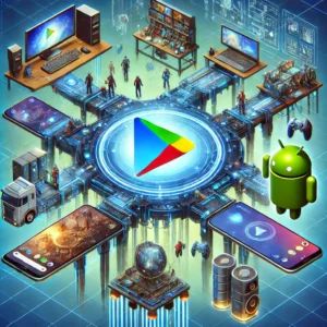 DALLE 2025-03-17 180623 - A futuristic digital bridge connecting multiple gaming platforms_ Android smartphones Windows PCs and web browsers At the center the Google Play G - innovaTopia
