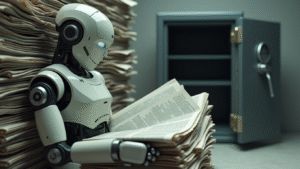 A_robot_avidly_reading_through_a_large_pile_of_new-1745546577516 - innovaTopia