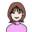 Cartoon illustration of a smiling woman with shoulder-length brown hair wearing a pink turtleneck.